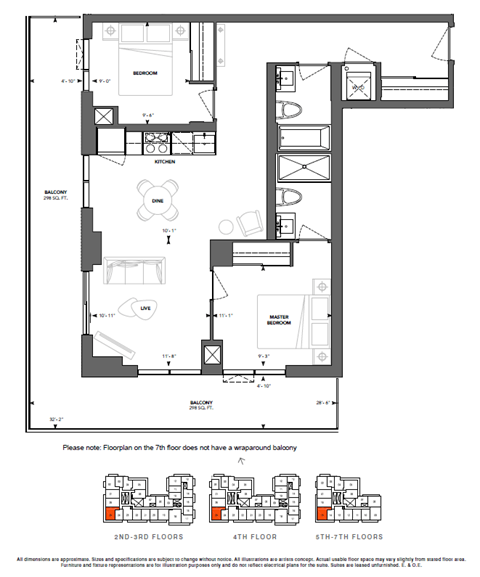 Floor plan for 2 beds, 2 baths, 882 sqft